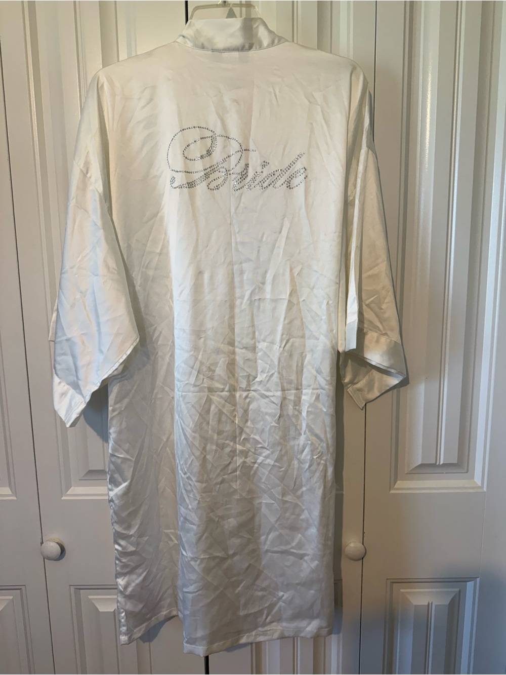 Icing White Satin 'Bride' Kimono Robe with Rhinestone Script